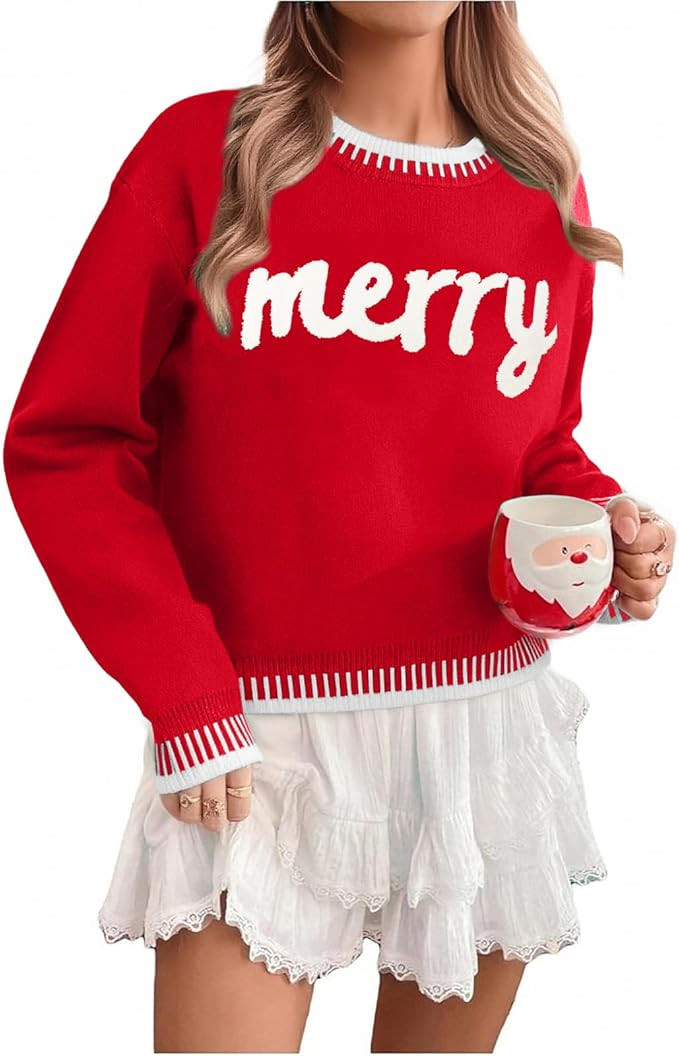 LUKYCILD Christmas Sweaters for Women Merry Sweater Long Sleeve Crewneck Sweaters Rib-Knit Sweats... | Amazon (US)