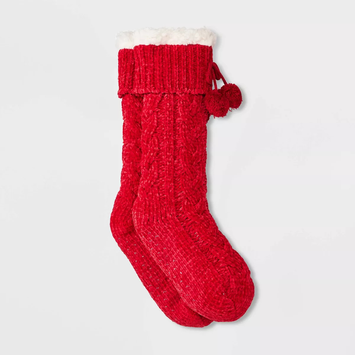 Women's Braided Cable Chenille Faux Shearling Lined Slipper Socks with Poms & Grippers - 4-10 | Target