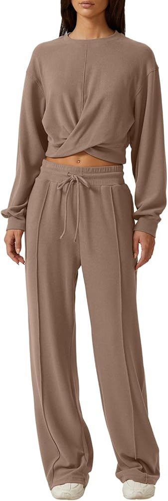 QINSEN Women 2 Piece Outfits Sweatsuit Set Twist Front Cropped Sweatshirt Wide Leg Sweatpant Loun... | Amazon (US)