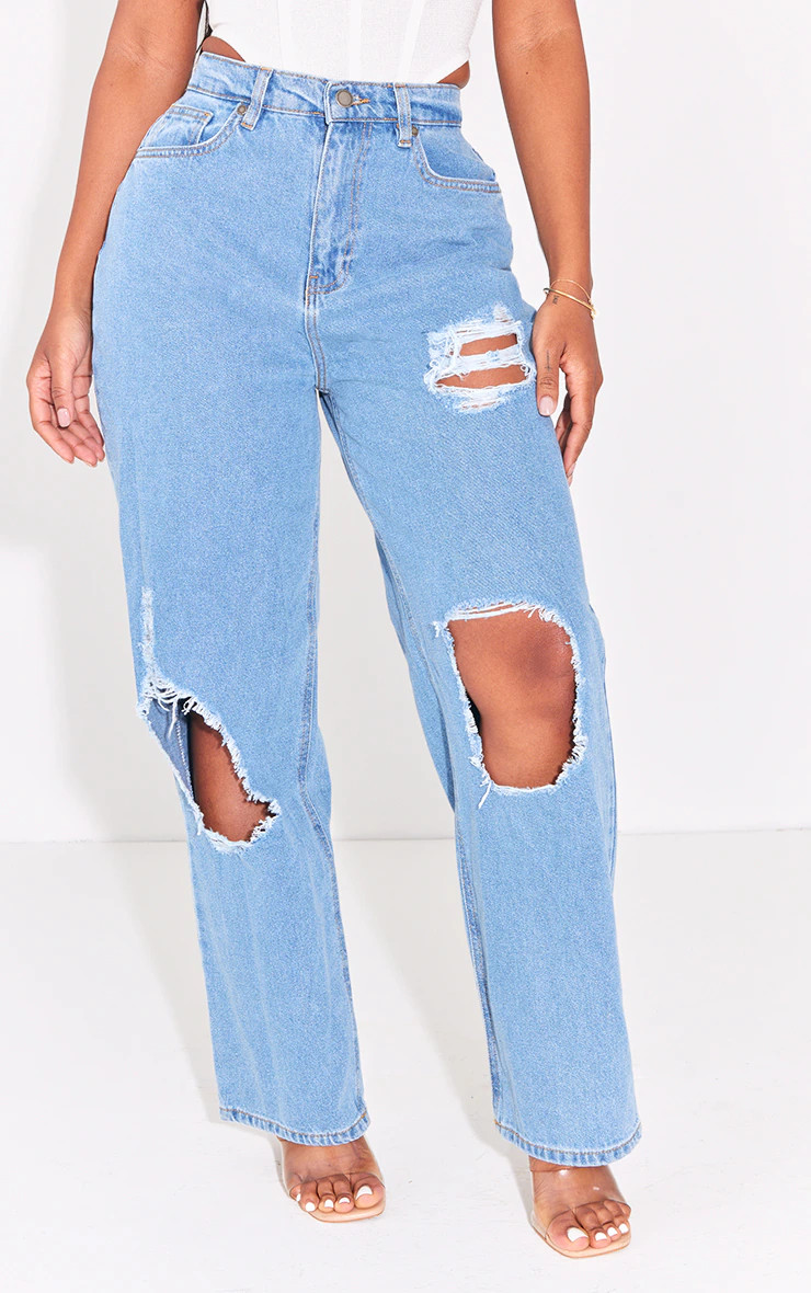 PRETTYLITTLETHING Shape Light Blue High Waist Ripped Wide Leg Jeans | PrettyLittleThing US
