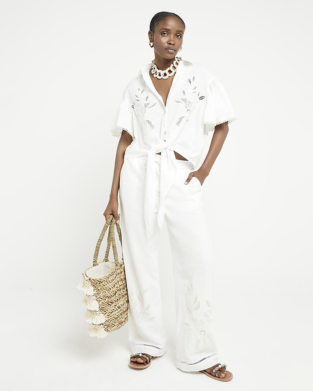 White embroidered wide leg trousers | River Island (UK & IE)