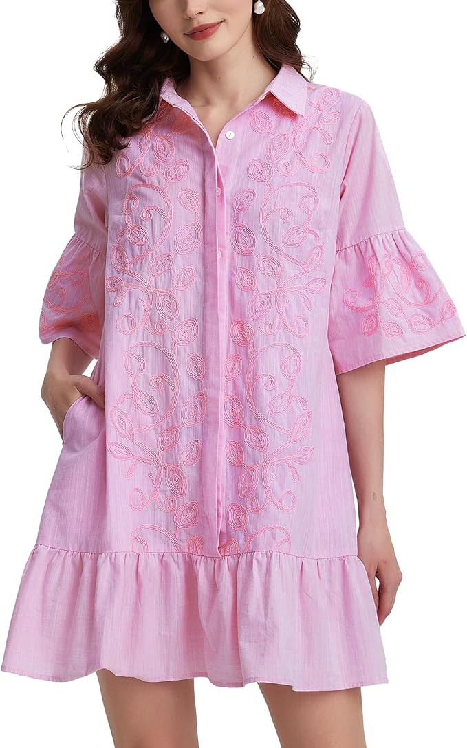 Kedera Women's Summer Button Down Shirt Embroidered Dress Ruffle Sleeve Shift Mini Dresses with P... | Amazon (US)