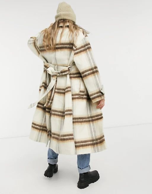 ASOS DESIGN button through check belted coat in multi | ASOS (Global)