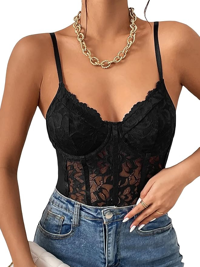 Milumia Women's Floral Lace Sheer Mesh Corset Bodysuit Spaghetti Strap Cami Top | Amazon (US)