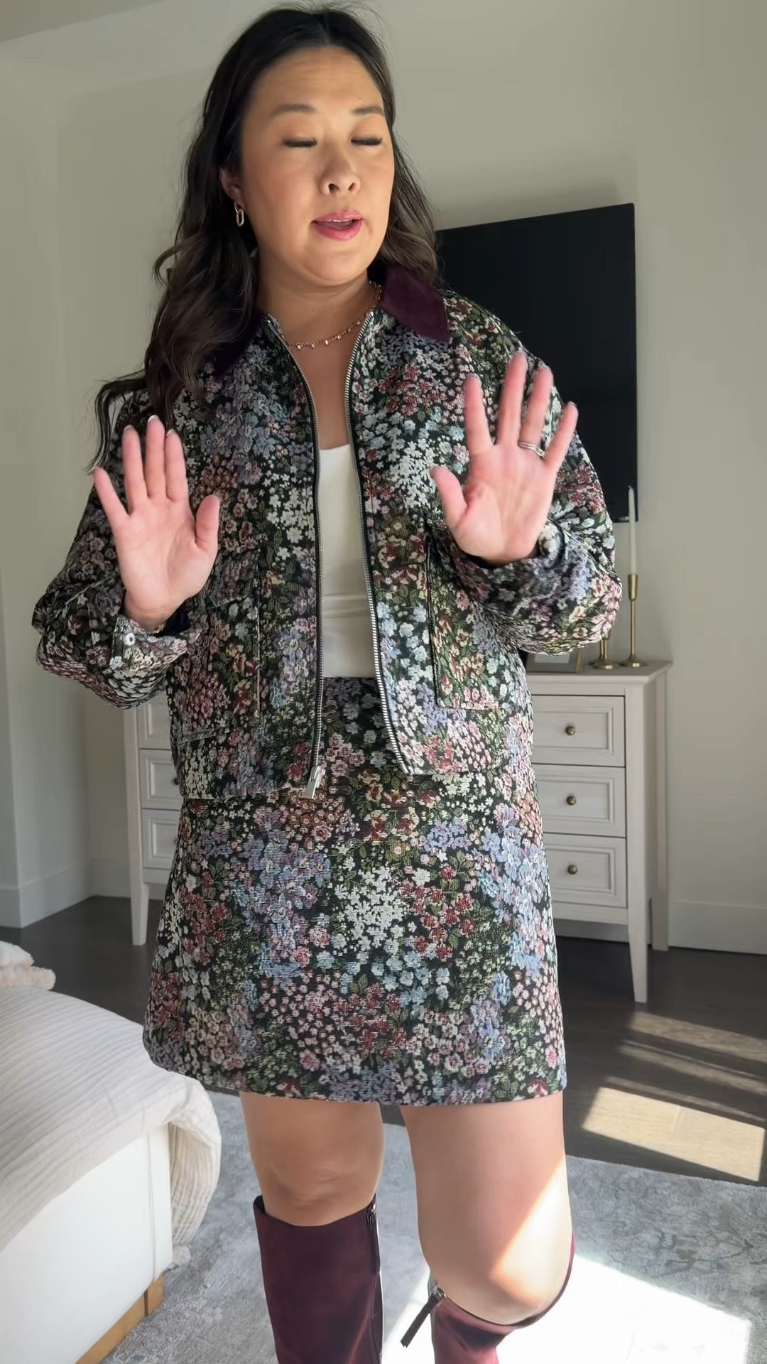 Walmart new fall arrivals // matching set 

Floral jacket - medium but can size down
Skirt - 6

#LTKootd #LTKSeasonal #LTKOver40