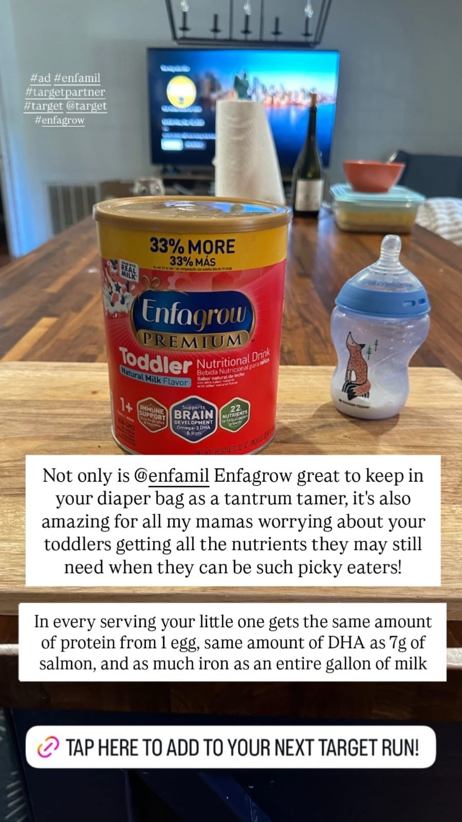 #ad The secret weapon every mom of toddlers needs in her diaper bag 🍼
I always keep @enfamil Enfagrow in mine — because tantrums can happen anywhere (even Target 😅) and a quick bottle means full tummy, calm toddler, and peace restored 🙌
It gives me peace of mind too — knowing he’s getting key nutrients he may still need even when he’s in his picky-eater phase 💛
Each serving delivers the same amount of protein as 1 egg, DHA as 7g of protein, and iron as a gallon of milk 🤯
#target @target #enfamil #targetpartner @shop.ltk #liketkit #enfagrow


#LTKstorytime #LTKBump #LTKBaby