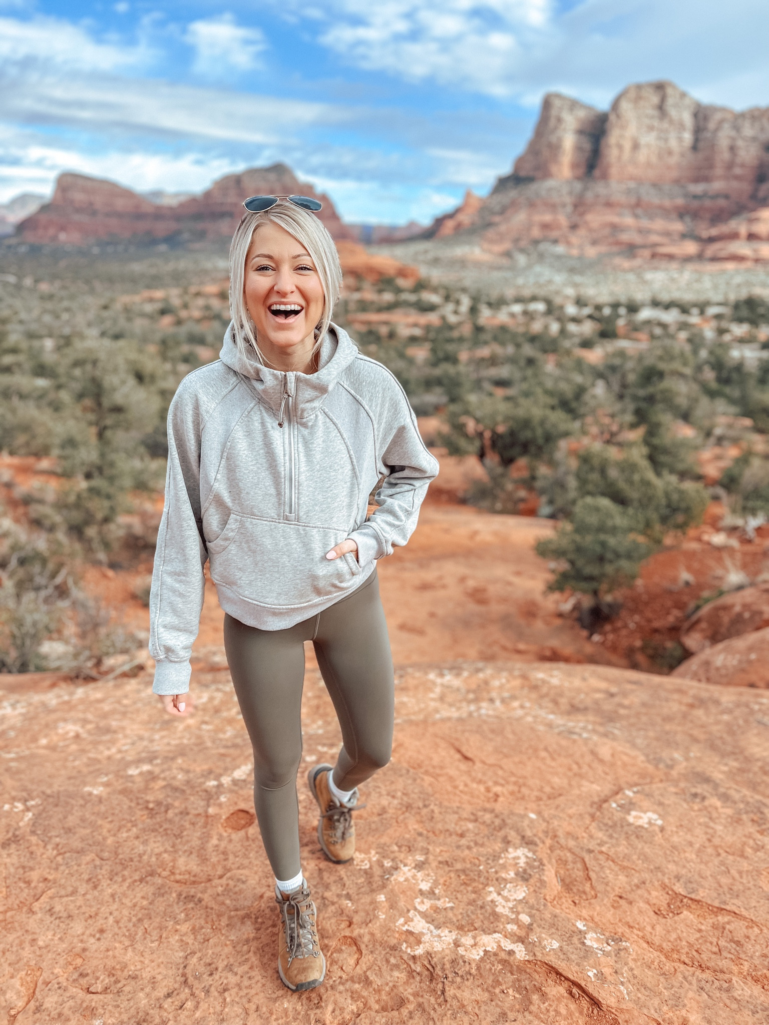 Hiking outfit! 
Amazon 1/2 zip (small)
Lulu leggings (4)