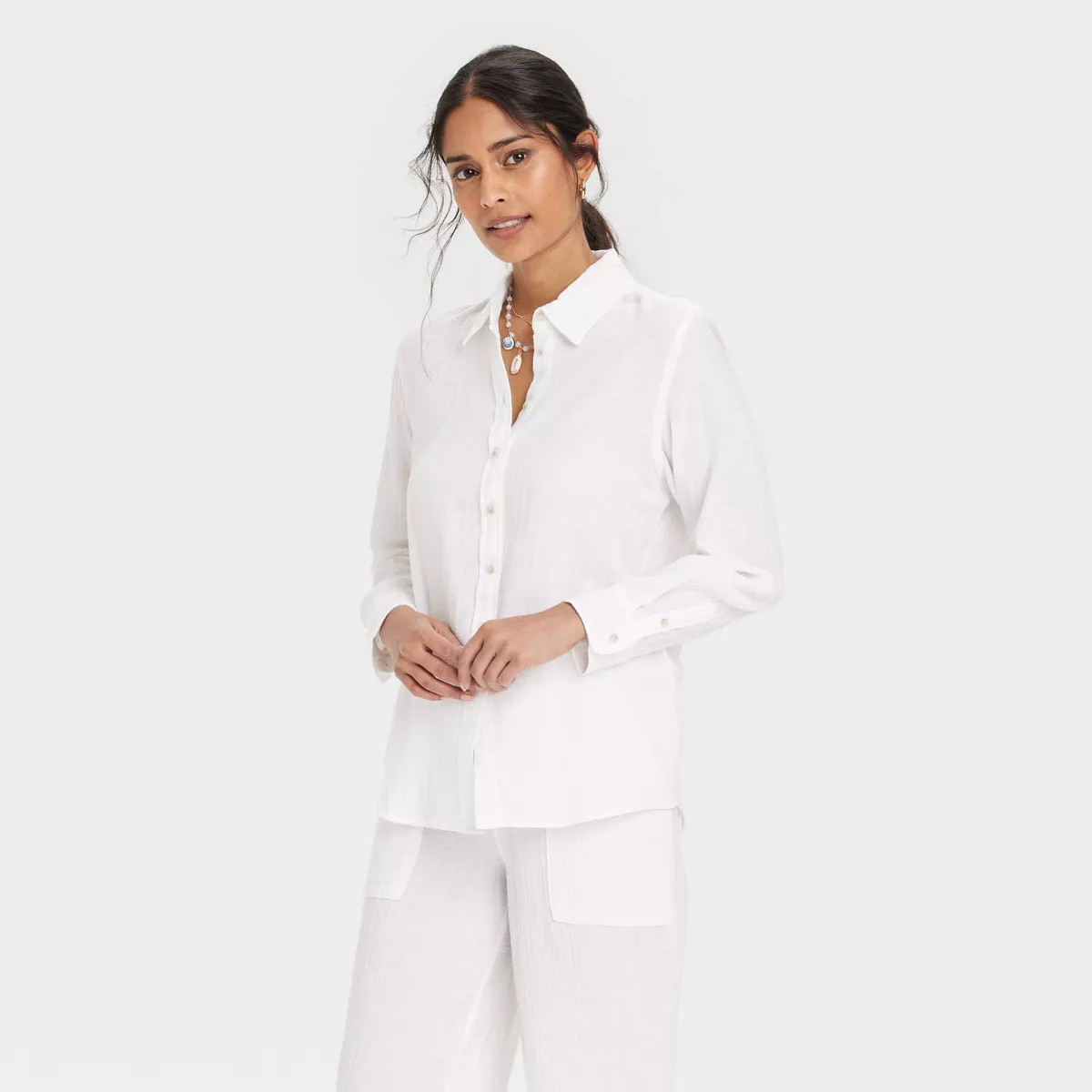 Women's Gauze Long Sleeve Collared Button-Down Shirt - Universal Thread™ White XS: Lightweight ... | Target