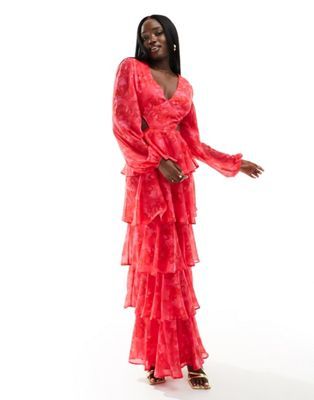 Pretty Lavish tiered cut out maxi dress in pink and red floral | ASOS | ASOS (Global)