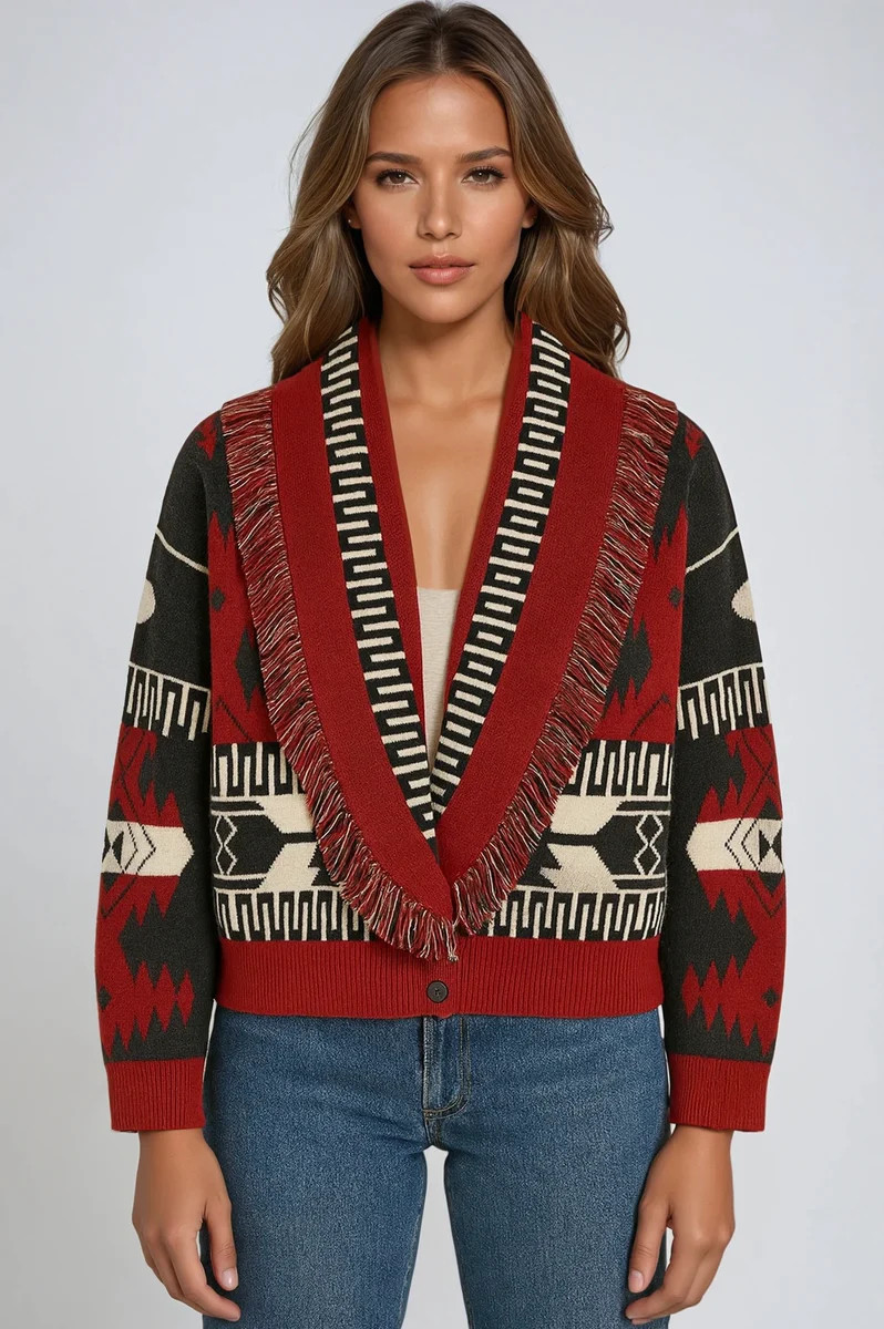 Isabel printed fringe cardigan in Red | Self-same