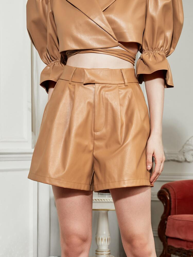 SHEIN X romanchic Fold Pleated PU Leather Wide Leg Shorts | SHEIN