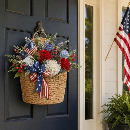 Woven Wall Basket for 4th of July, Red White Blue Hanging Storage Basket for Door, Independence Day Decorative Flower Pot Planter - Farmhouse Home Organizer | Walmart (US)