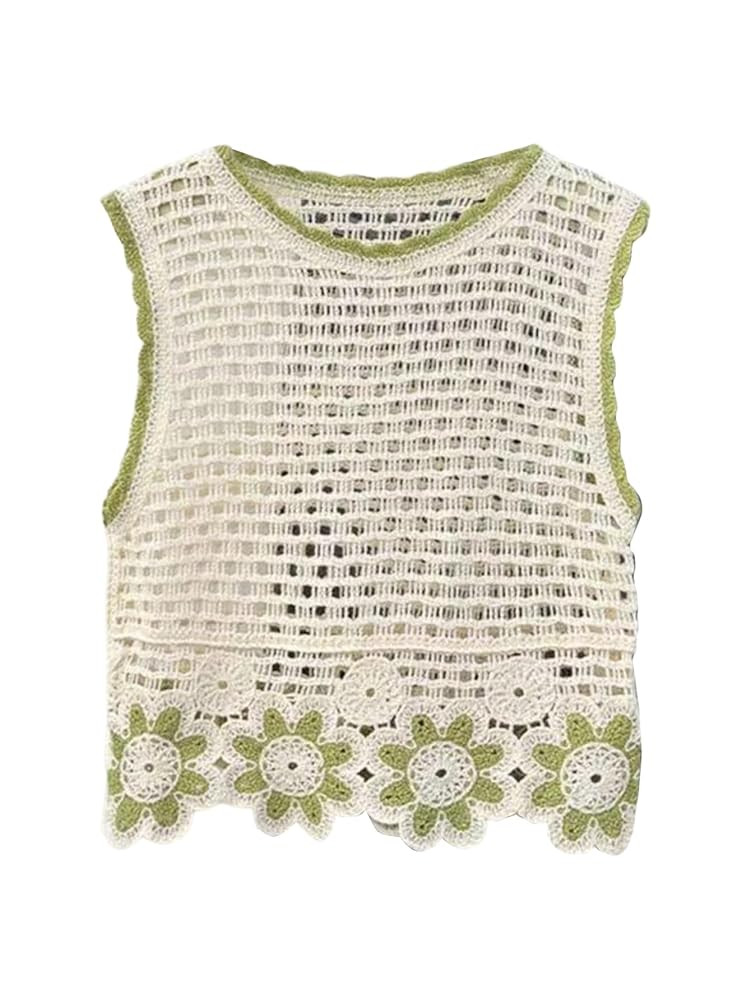 WDIRARA Women's Crochet Hollow Out Sweater Vest Floral Crew Neck Sleeveless Tank Tops Knitwear | Amazon (US)