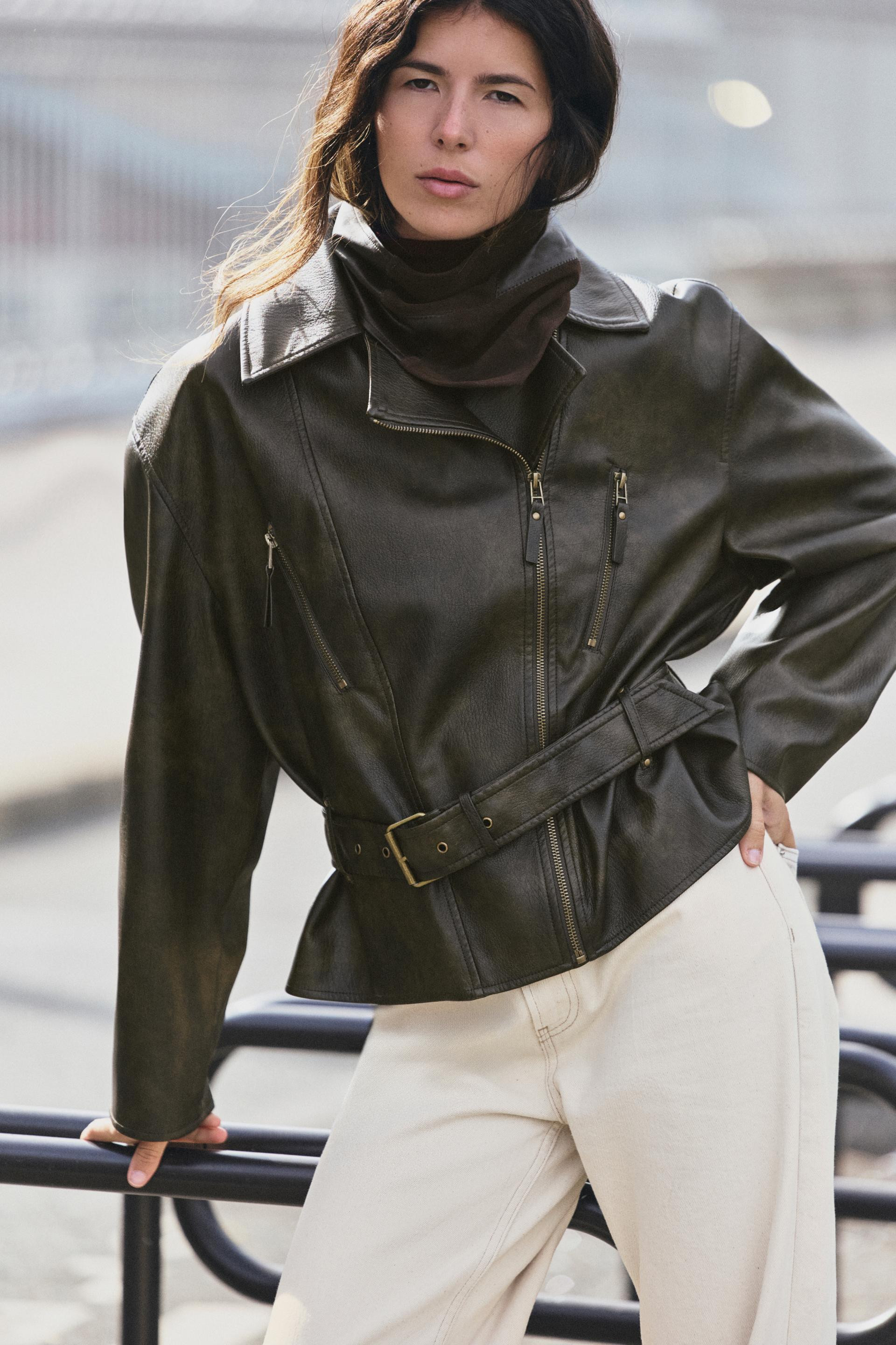 Zara - Belted Faux Leather Jacket - Dark Khaki - L - Woman | Zara US