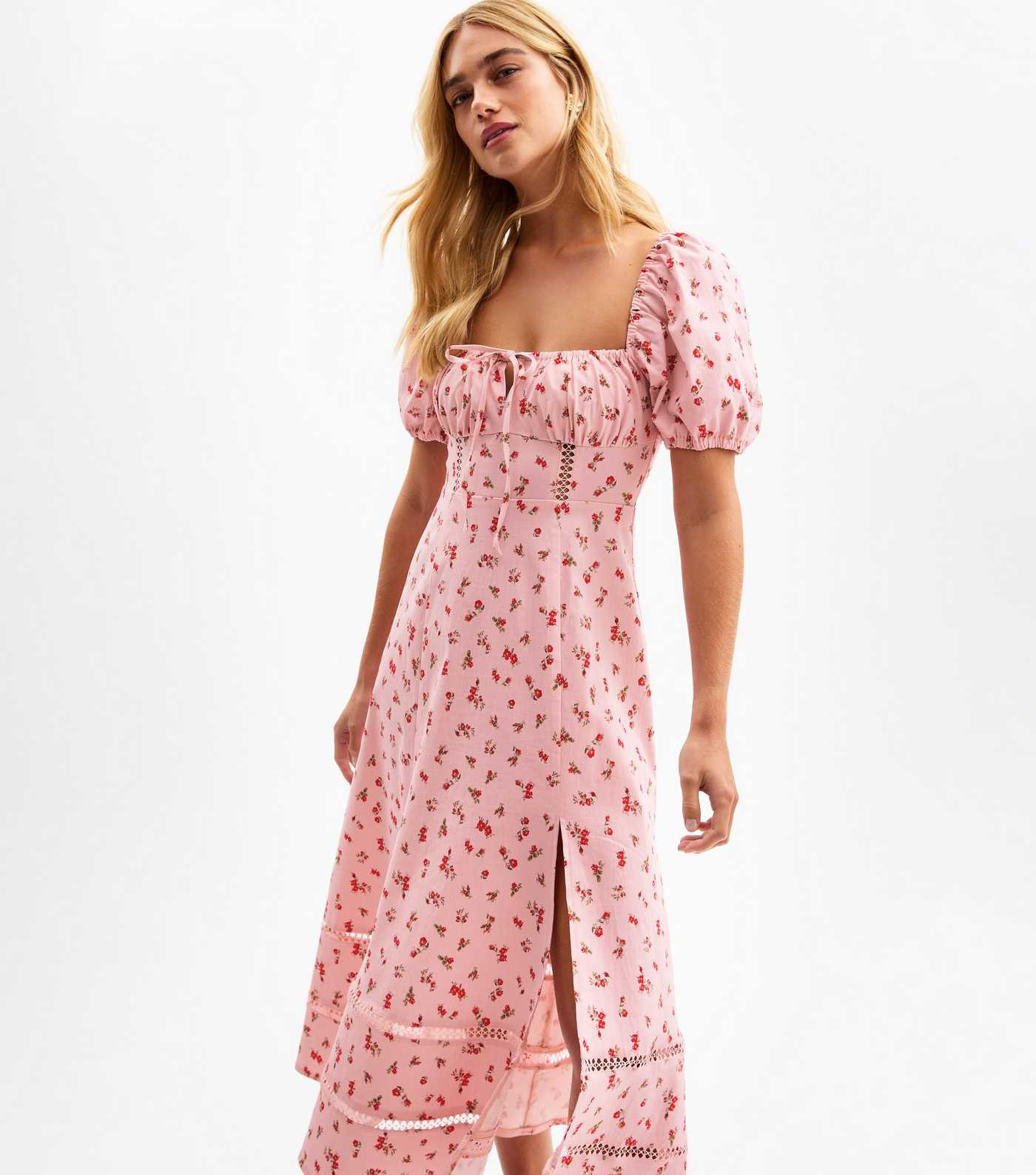 Pink Floral Print Puff Sleeve Lace Insert Milkmaid Midi Dress | New Look | New Look (UK)