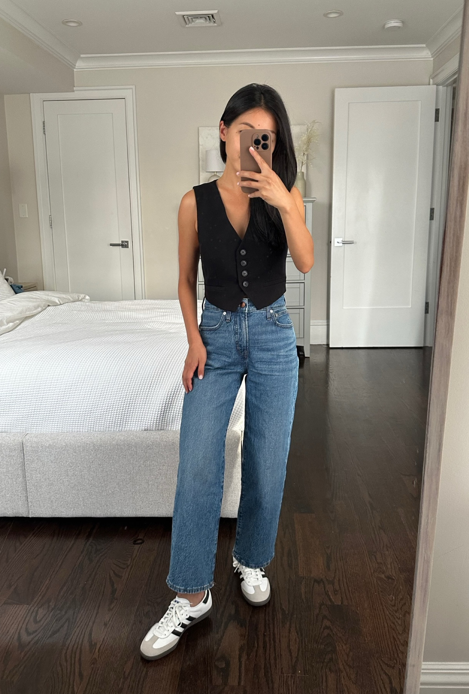 •trying on this black vest in 0 petite. This from the brand nasty gal is a more tailored suiting like fabric than my Madewell lightweight Katrina vest. More cropped as well. 

They also have a black mini skirt that fit me very well in 0 petite! Linked below 

•Madewell wide-leg jeans. I love the wide crop silhouette and how they work with flat shoes! I’m wearing the “Cresslow” wash in the cropped length, size 24 petite. 

•Adidas Samba sneakers 5.5

#petite casual outfits 

#LTKstyletip #LTKSeasonal #LTKshoecrush