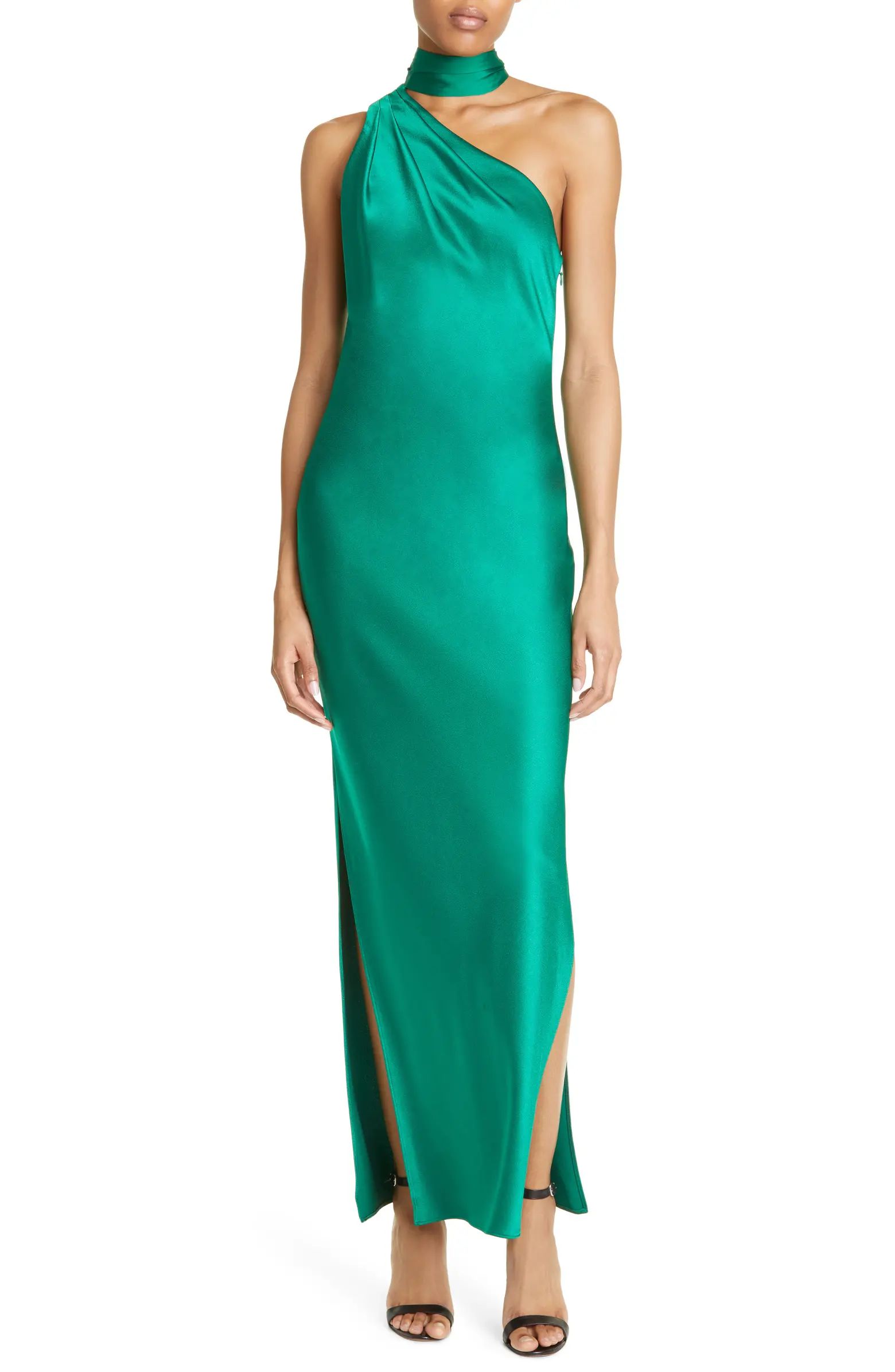 Alice + Olivia Leola One-Shoulder Scarf Satin Maxi Dress | Nordstrom | Nordstrom