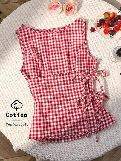Sweetra Retro Plaid Round Neck Design Sense College Style Sexy Girl Sleeveless Shirt, Summer New ... | SHEIN