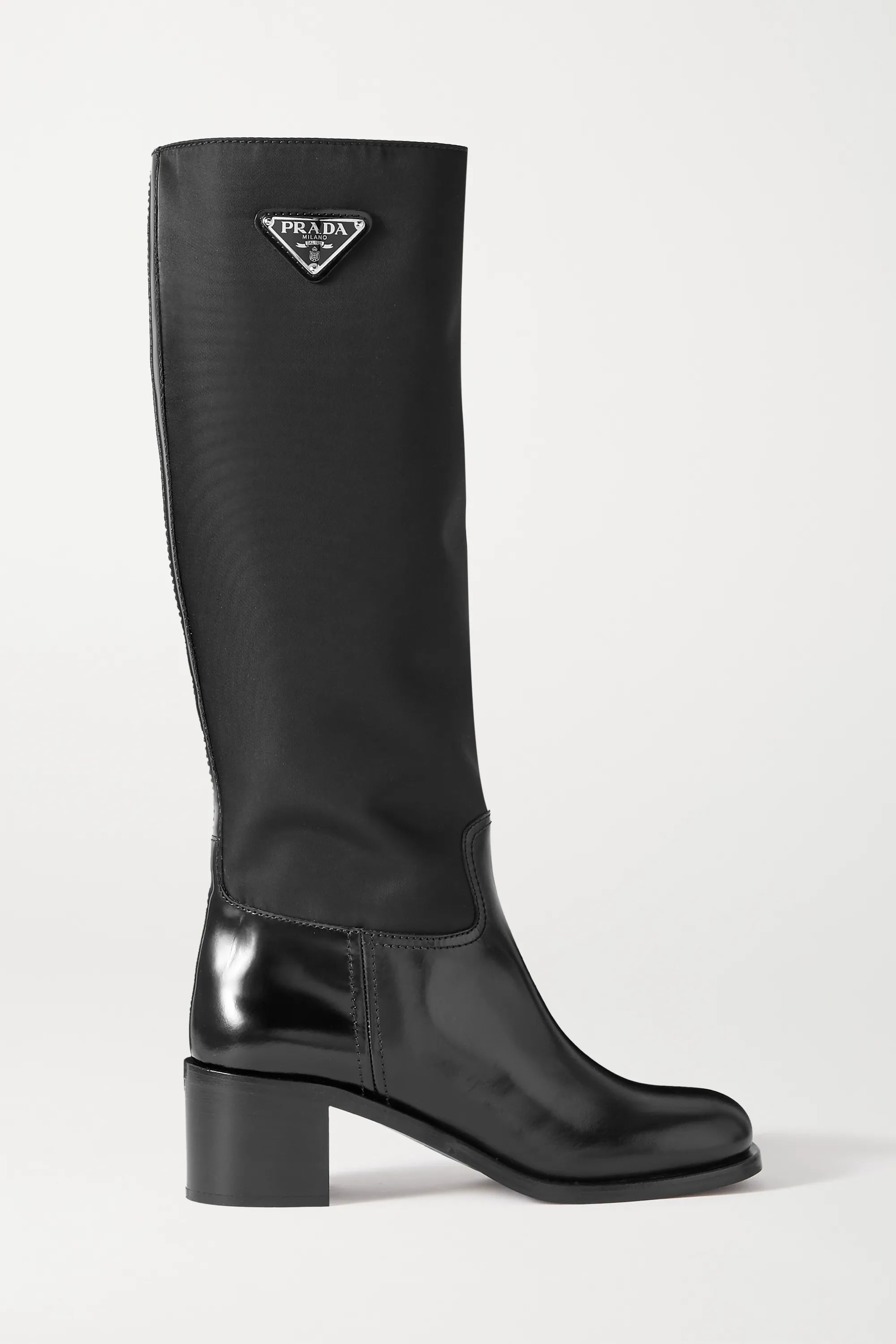 Black Logo-embellished glossed-leather and nylon knee boots | Prada | NET-A-PORTER | NET-A-PORTER (UK & EU)