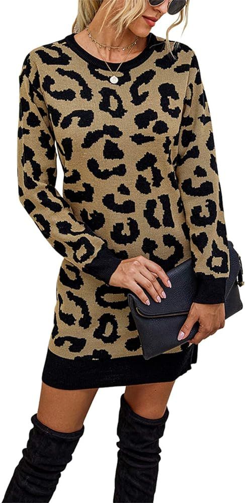 KIRUNDO Women’s 2020 Winter Long Sleeves Mini Sweater Dress Leopard Plaid Print Crew Neck Overs... | Amazon (US)