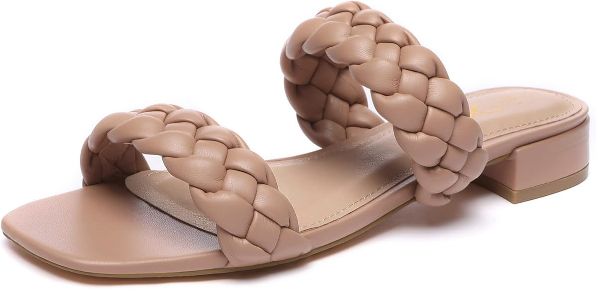 Athlefit Women's Square Open Toe Braided Sandals Slip On Low Block Heel Slide Sandals | Amazon (US)