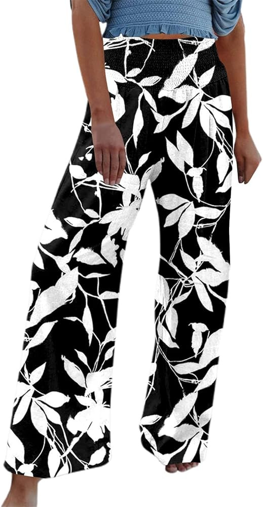 Women Linen Pants 2025 Summer Casual Loose Wide Leg Palazzo Pants Smocked High Waist Flowy Beach ... | Amazon (US)