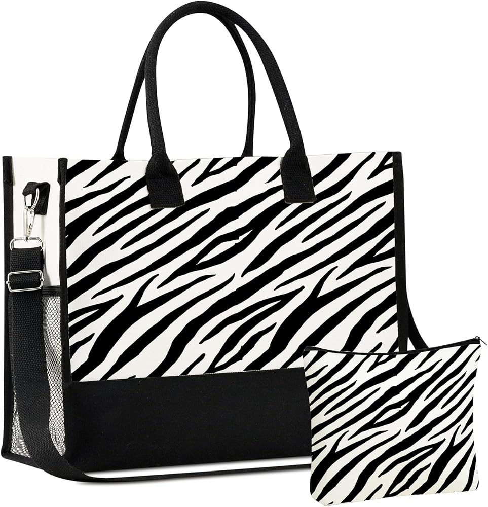 InnoBeta Zebra Gifts, Zebra print purse Canvas Tote Bag with Top Zipper Closure and Shoulder Stra... | Amazon (US)