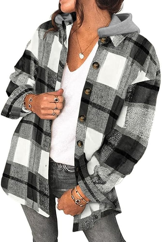 SHEWIN Womens Long Sleeve Button Down Plaid Shirts Flannel Hooded Shacket Jacket Hoodie Coats | Amazon (US)