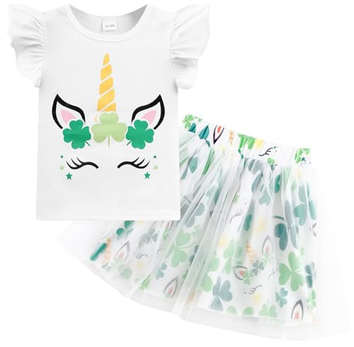 RETSUGO Girls St Patricks Day Dress Flutter Sleeve Unicorn Skirt Set Tutu Dress Kids Irish Shamrock Paddy's Day Outfit 6-7 Years | Amazon (US)