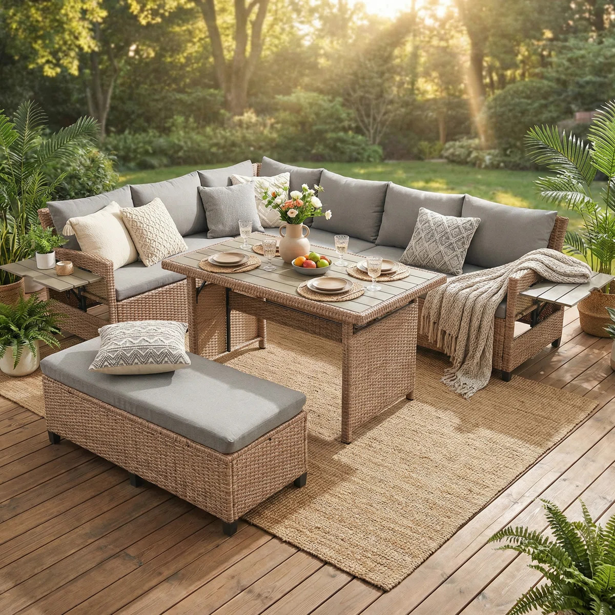 5-Piece Outdoor Patio Rattan Sofa Set, Sectional PE Wicker L-Shaped Garden Furniture Set with 2 E... | Wayfair North America