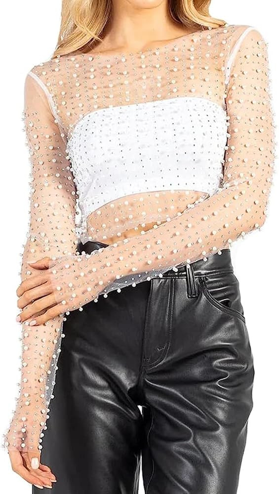 Women's Pearl Rhinestone See Through Long Sleeve Mesh Blouse One Piece Cover Up Crop Tops | Amazon (US)