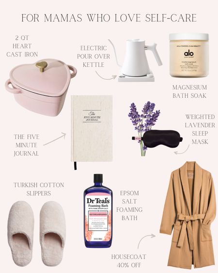 Amazing self-care items to give the moms in your life for Mother’s Day! The little heart crockpot is super avoidable and such a great gift! I’ve even recommend cooking your favorite dish and putting it inside and then gifting it to the mom in your life! And the lavender mask is dreamy! And the last thing I want to say is that five minute journal is such a special gift. It’s so easy just to take five minutes each day to write something down quick and it’s something she’ll cherish!