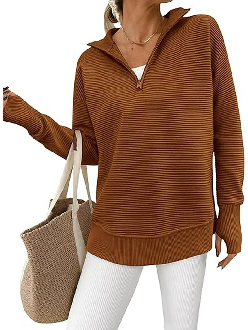 PRETTYGARDEN Womens Long Sleeve Quarter Zip Pullover Sweater Casual Loose V Neck Collared Ribbed ... | Walmart (US)