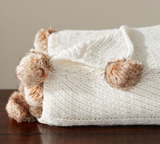 Faux Fur Pom Pom Knitted Throws | Pottery Barn (US)