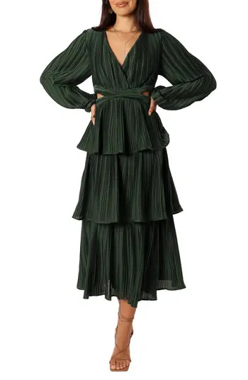 Petal & Pup Pippa Side Cutout Long Sleeve Tiered Midi Dress in Emerald at Nordstrom Rack, Size Large | Nordstrom Rack