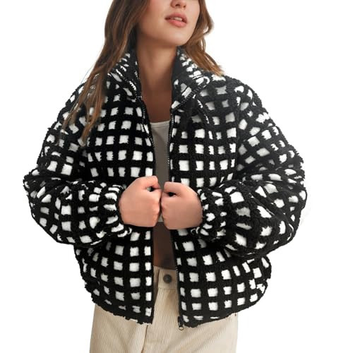 Keeliya Womens Checkered Sherpa Jacket Cropped Long Sleeve Plaid Fleece Coats Casual Zip Up Gingham Outwear with Pockets(Black,M) | Amazon (US)