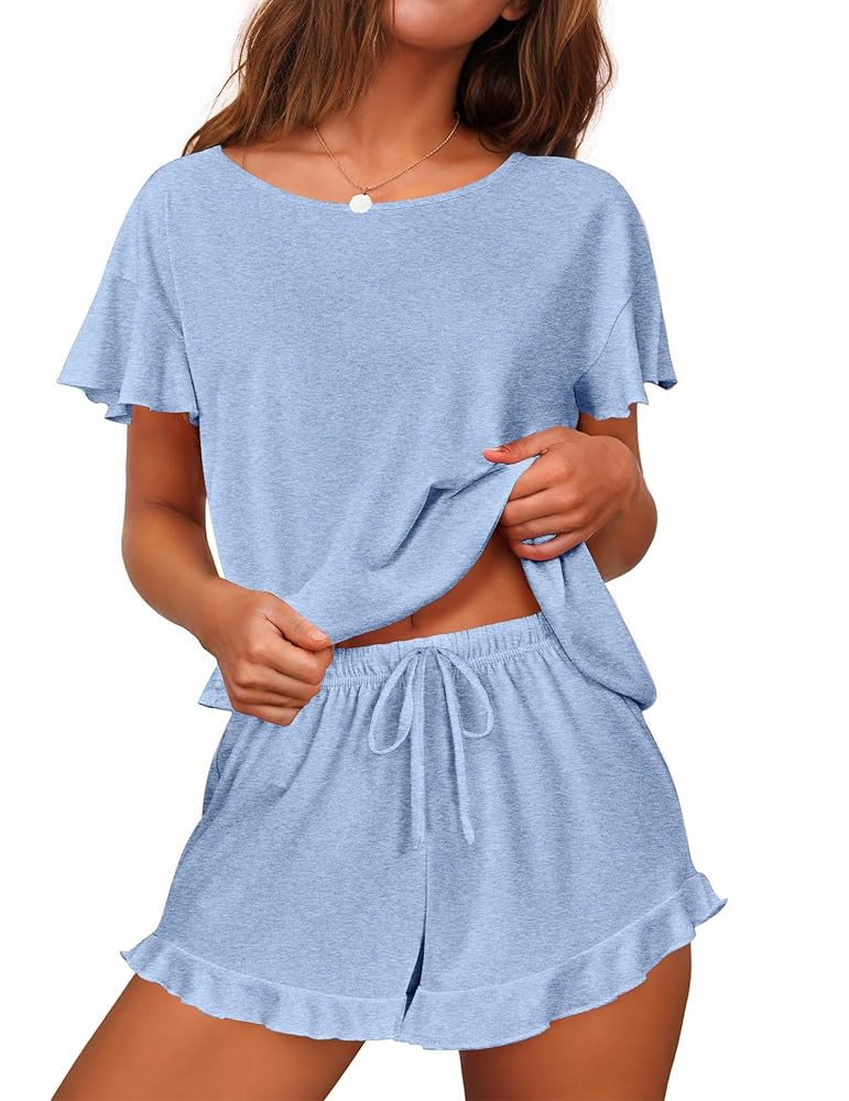 Ekouaer Women's Pajama Set Ruffle Sleeves Top and Short Soft 2 Piece Loungewear Set | Amazon (US)