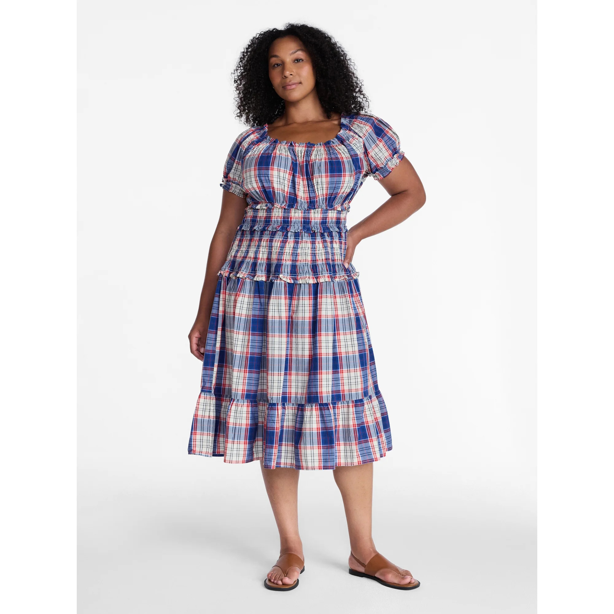 Time and Tru Women's Smocked Cotton Peasant Midi Dress, Sizes XS-XXXL | Walmart (US)