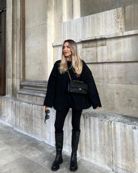 All black cosy outfit - black oversized alpaca wool jumper, Chanel medium classic flap bag, black leggings, knee high black chunky boots & sunnies  

#LTKstyletip #LTKshoecrush #LTKitbag
