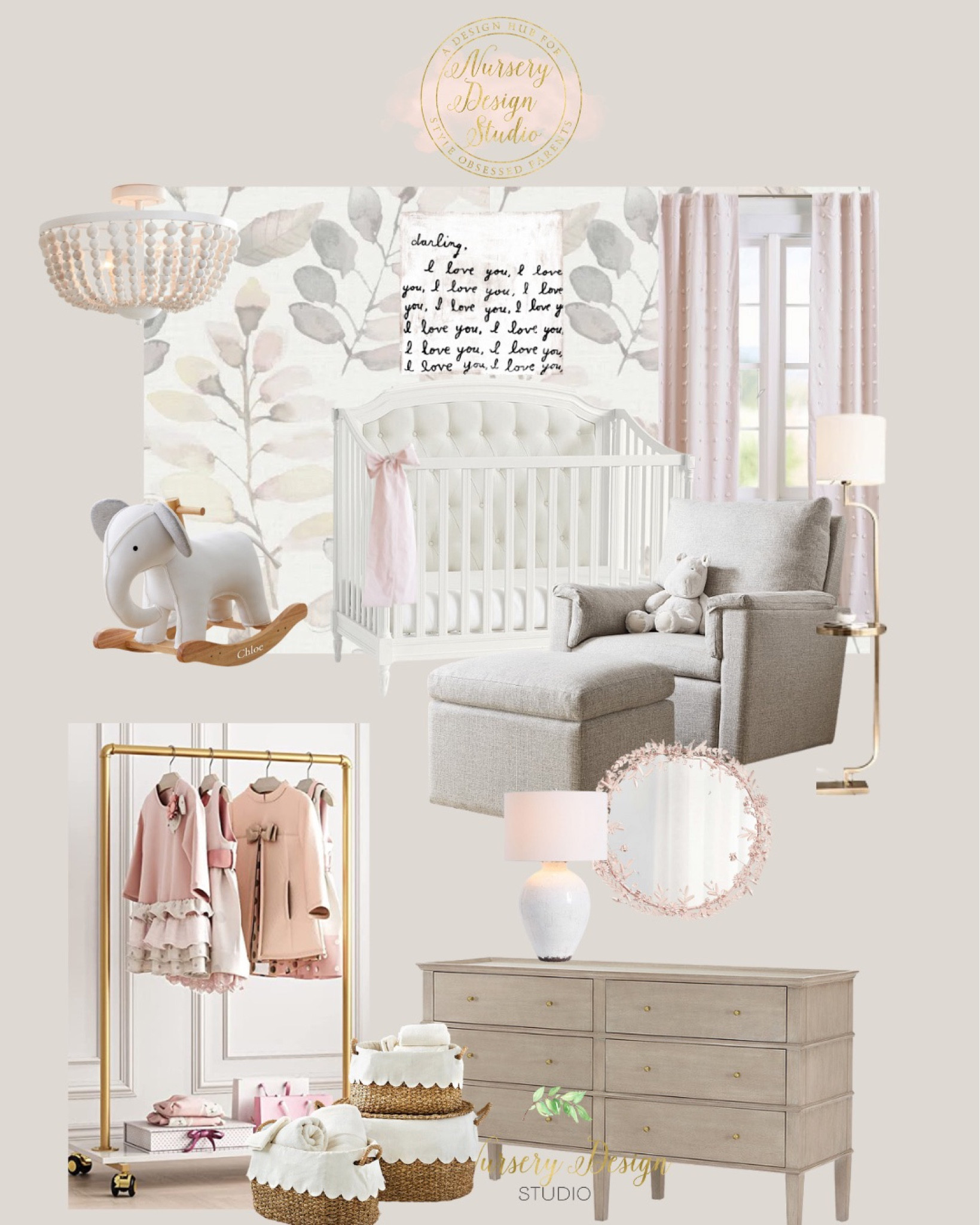 Gorgeous girls room inspiration, gray chair, pink curtains, clothes storage, clothes rack, table lam, bead light, baby rocker 

#LTKbump #LTKbaby #LTKhome