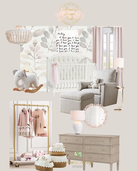 Gorgeous girls room inspiration, gray chair, pink curtains, clothes storage, clothes rack, table lam, bead light, baby rocker 

#LTKbump #LTKbaby #LTKhome