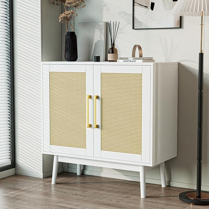 JOZZBY White Sideboard Buffet Cabinet with Storage, Accent Storage Rattan Cabinet for Dining Room... | Amazon (US)