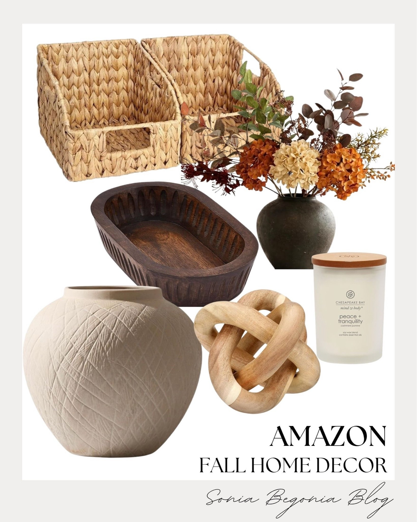 Cozy autumn touches for the home! 🍂

I styled a mix of warm textures featuring woven storage baskets, a carved wooden bowl, a decorative wood knot link, and a textured ceramic vase.

I added autumn floral stems and a Chesapeake Bay scented candle to create a relaxing fall atmosphere. 🌾✨

#AmazonHome #FallHomeDecor #CozyHome #LTKhome #AutumnAesthetic #HomeStyling #DecorInspo #AmazonFinds

#LTKHome #LTKSeasonal