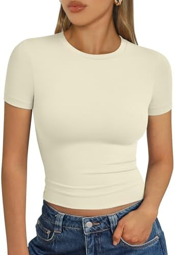 Trendy Queen Womens Short Sleeve T Shirts - Buttery Soft Summer Crop Tops Slim Fit Y2k Basic Tees... | Amazon (US)