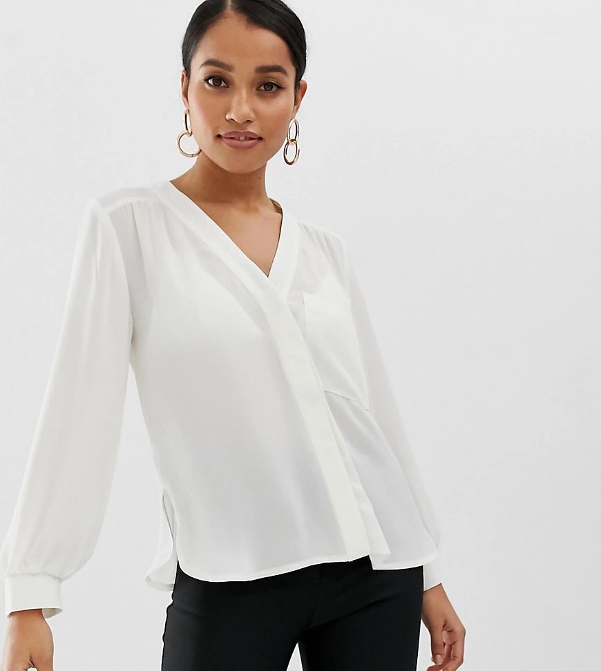 ASOS DESIGN Petite long sleeve blouse with pocket detail-White | ASOS (Global)
