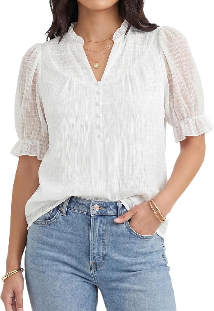 Okiwam Womens Spring Tops 2026 Puff Short Sleeve V Neck Shirts Dressy Casual Cute Blouses Trendy ... | Amazon (US)