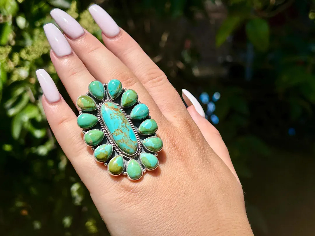 Kingman Turquoise Statement Ring - Adjustable Sterling Silver - Southwestern Style - Etsy | Etsy (US)