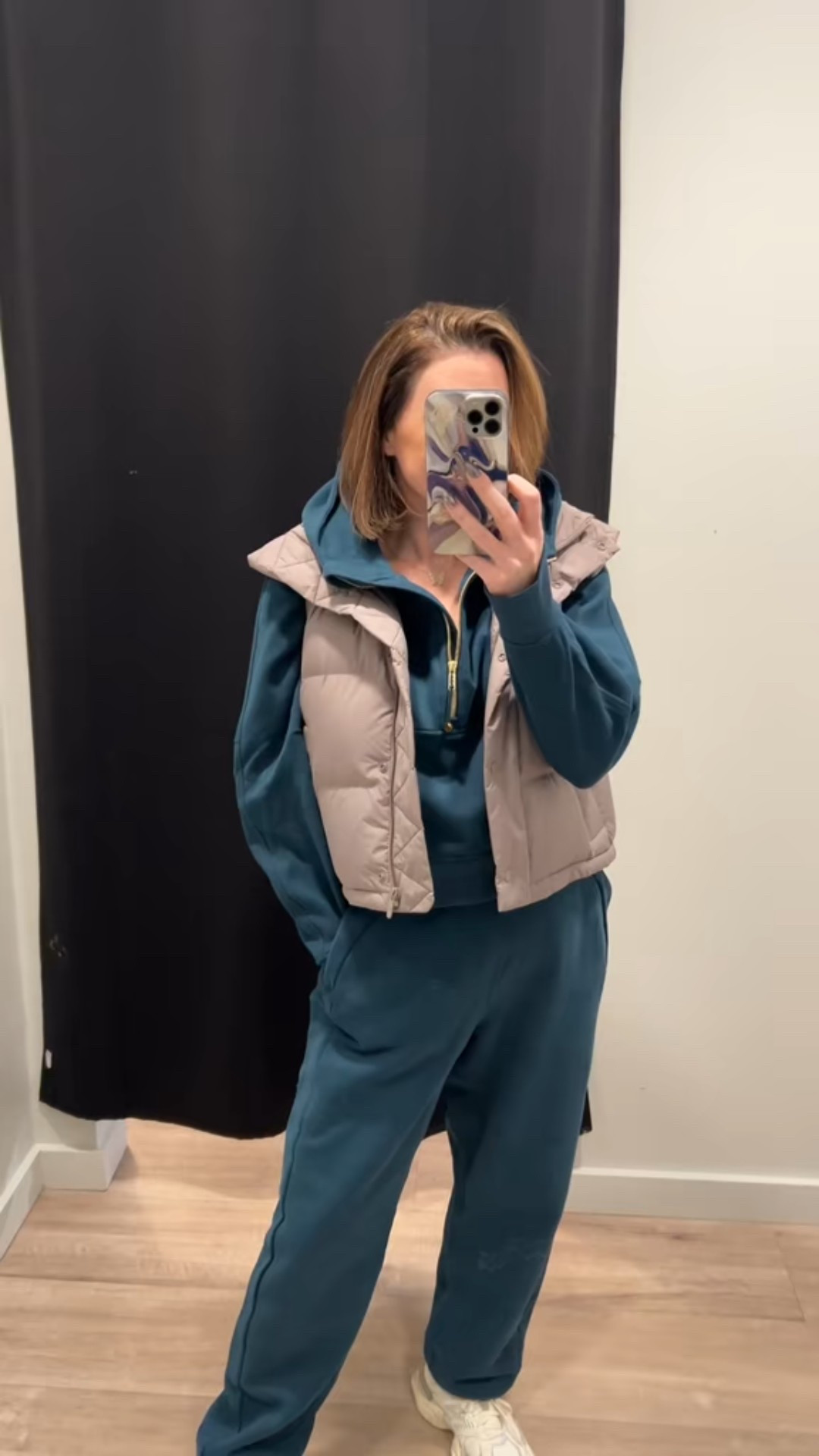 Indochine blue scuba half-zip and joggers from Lululemon! The top is a M/L and bottoms are medium. I’m wearing a size 4 in the vest but typically wear an 8 in the wunderpuff vest! 

#LTKActive #LTKMidsize #LTKootd