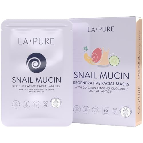 LA PURE Snail Mucin Mask – 10ct Korean Sheet Mask Pack for Signs of Aging, Aid Skin Repair & Hydration – Pure Snail Mask for Face with Collagen & Hyaluronic Acid – Cruelty-Free Hydrating Sheet Mask | Amazon (US)