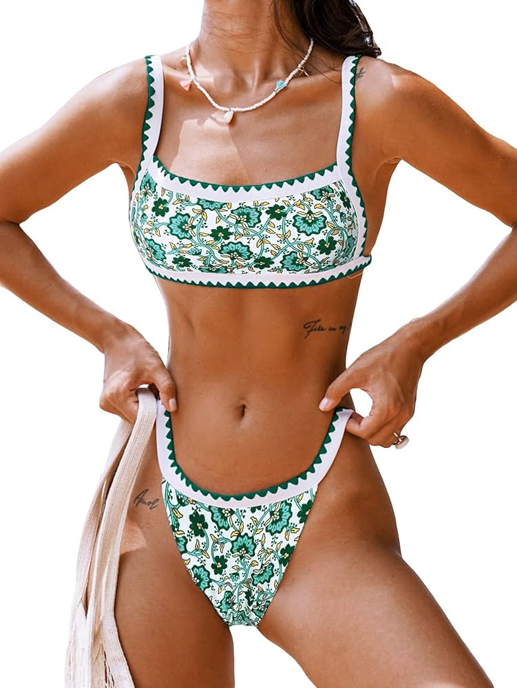 GORGLITTER Women's 2PCS Swimsuit Floral Triangle Tops High Cut Thong Bikini Set Bathing Suits | Amazon (US)